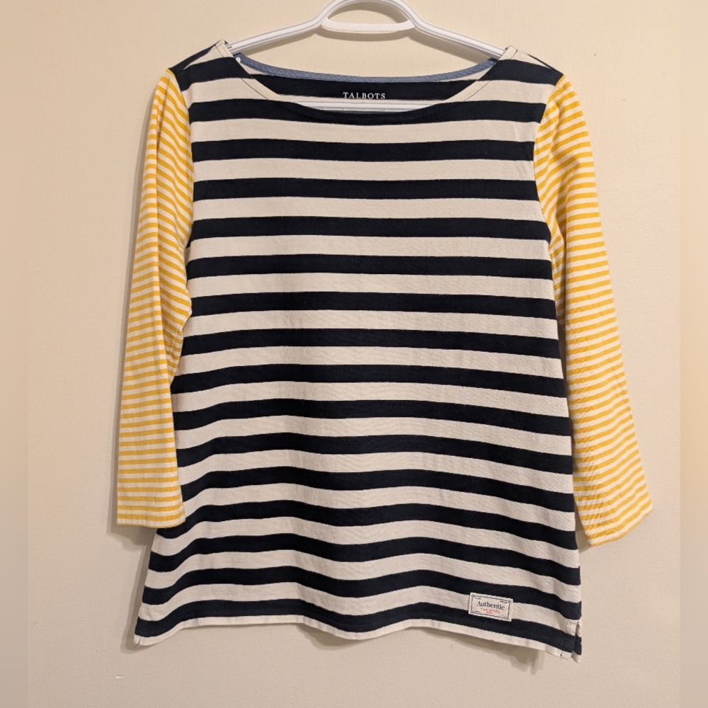 Talbots Authentic Classic Stripe Boatneck Top Cotton Blue, White & Yellow - Sz M